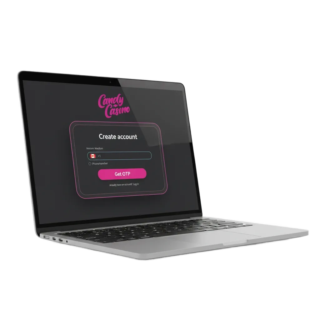 Candy Casino Canada signup screen with phone, email, social, one-click options and 100% bonus offer.