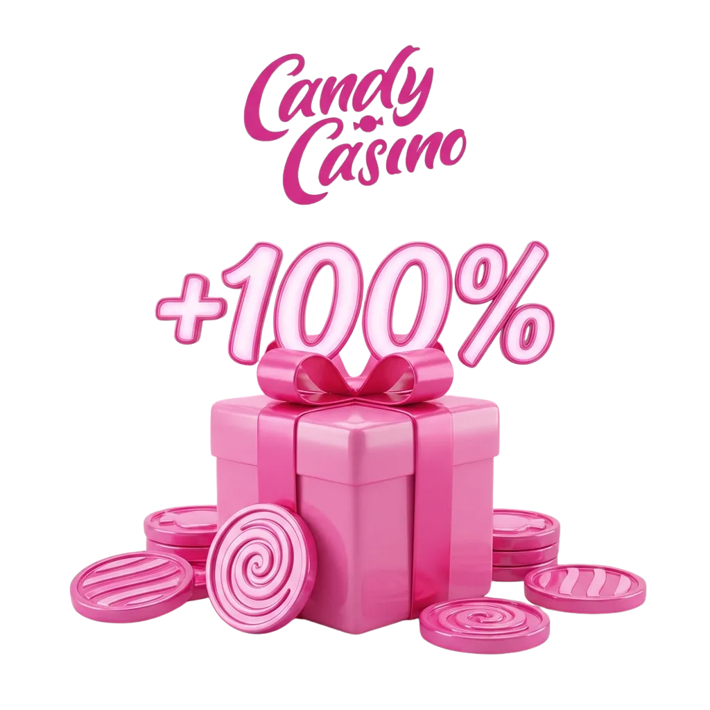 Candy Casino welcome bonus offer showing 100% match up to CA$500 plus 100 free spins for Canadian players