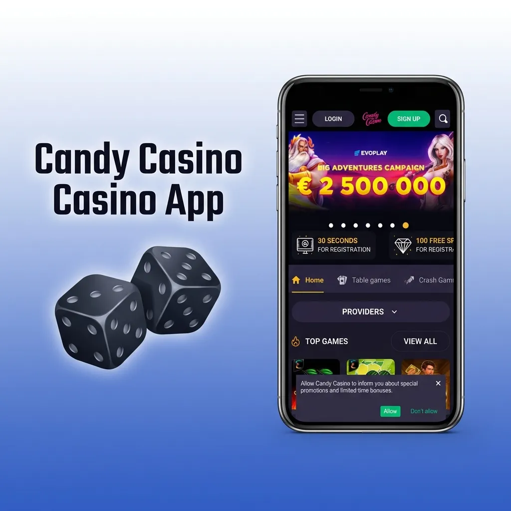 Candy Casino mobile app interface showing slot games, table games, and live dealer options for Canadian players