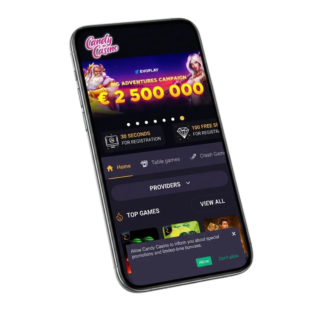 Candy Casino app download page showing Android APK and iOS installation options with casino games and payment methods