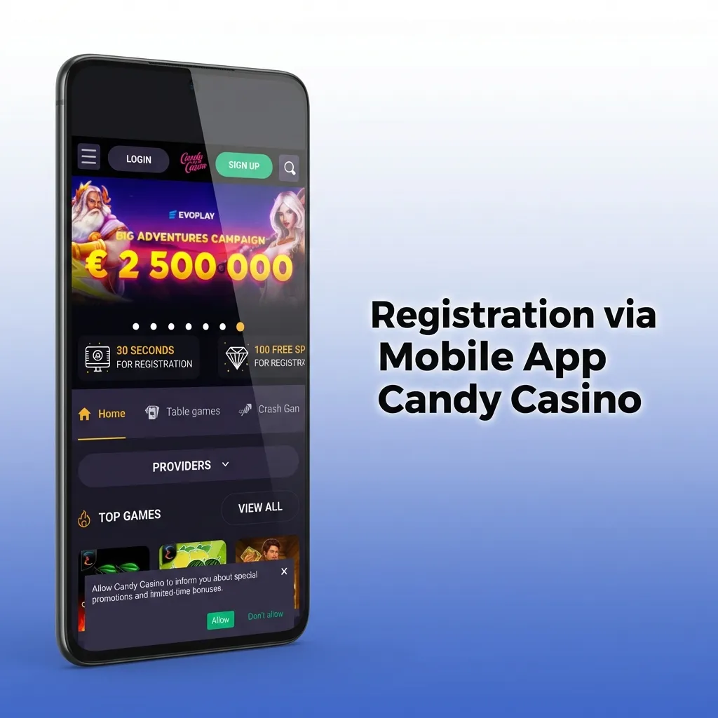 Mobile app registration screen for Candy Casino showing sign-up options and step-by-step account creation process