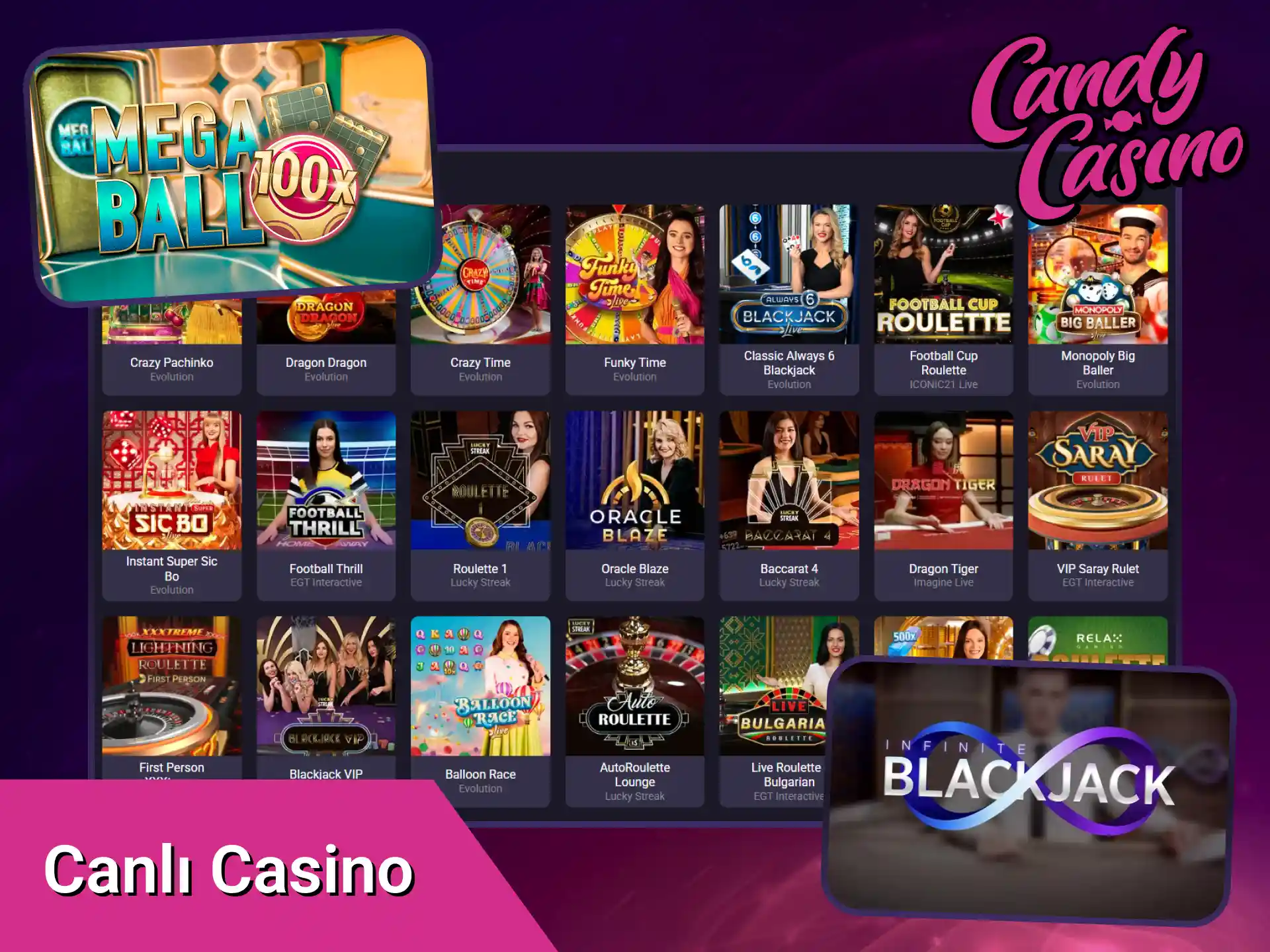 Canlı kurpiyerler eşliğinde Candy Casino canlı kumarhane heyecanına ortak ol.