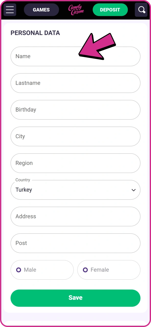 Candy Casino'ya kaydolduktan sonra profil bilgilerinizi tamamlayın.