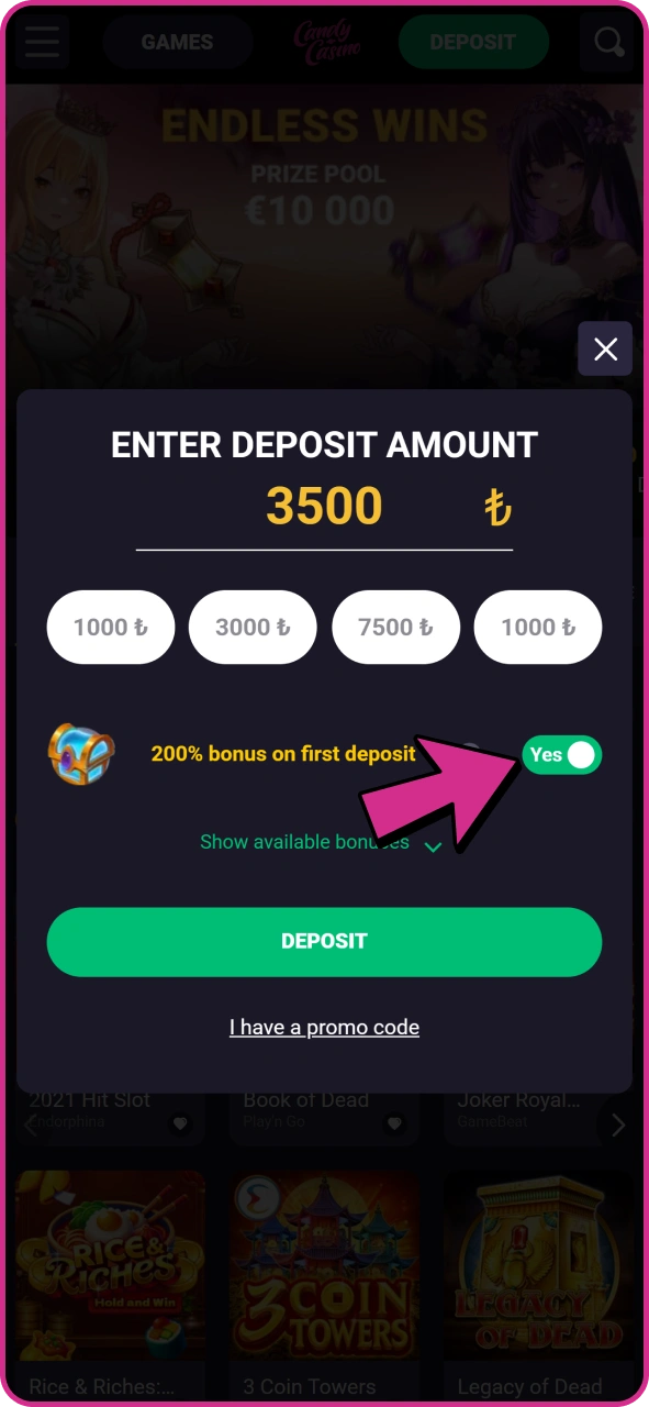Candy Casino'da slot para yatırma işlemiyle hoş geldin bonusu alın.
