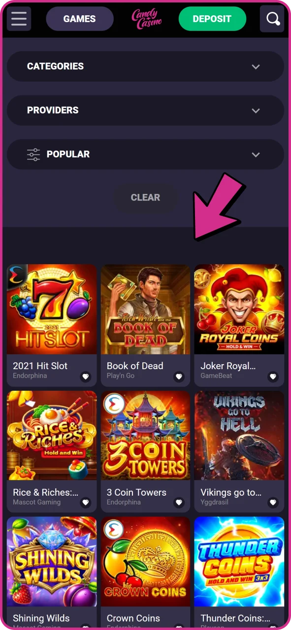 Candy Casino'da oyun lobisini veya belirli bir oyun kategorisini açın.