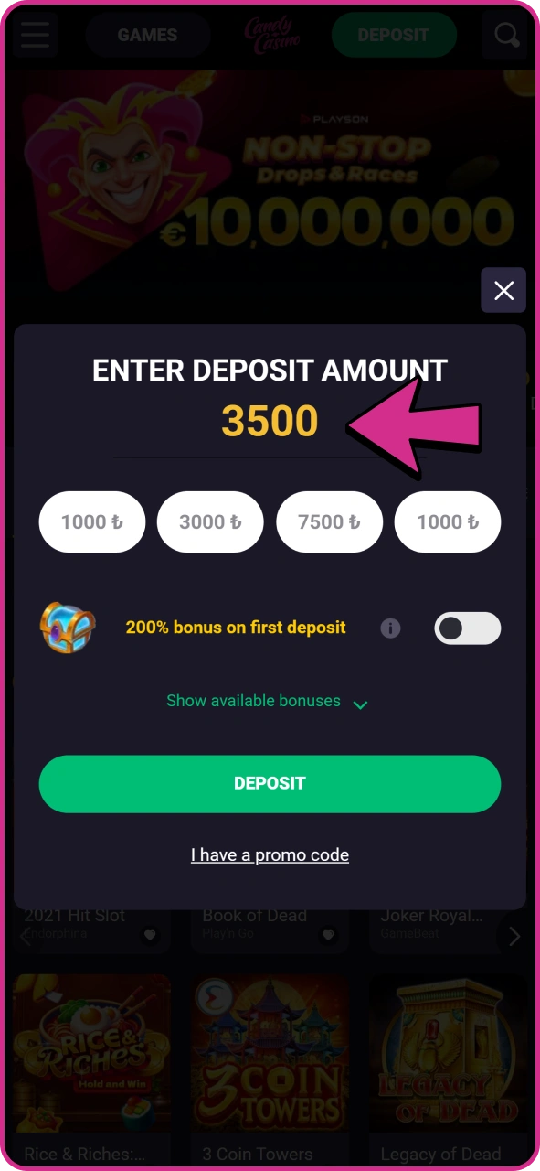Candy Casino'da slot oyunlarınız için para yatırın.