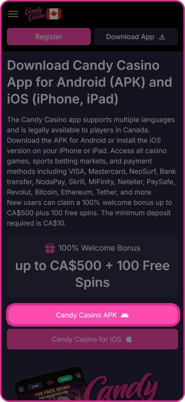 Press this button to get Candy Casino android app.