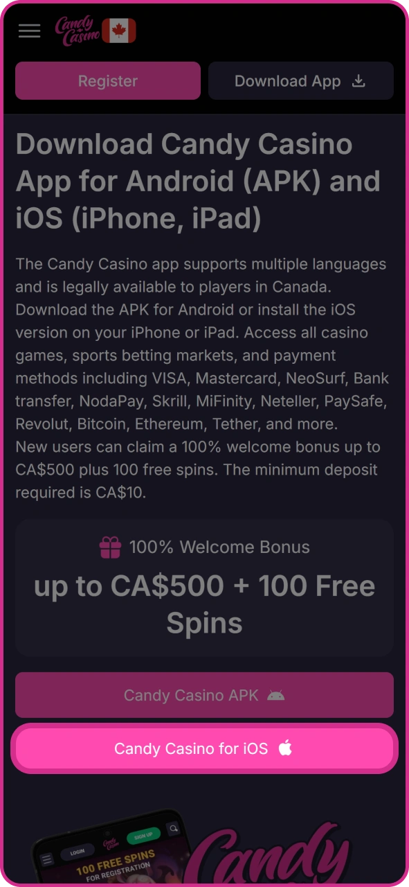 Click this button to get Candy Casino iOS PWA app.
