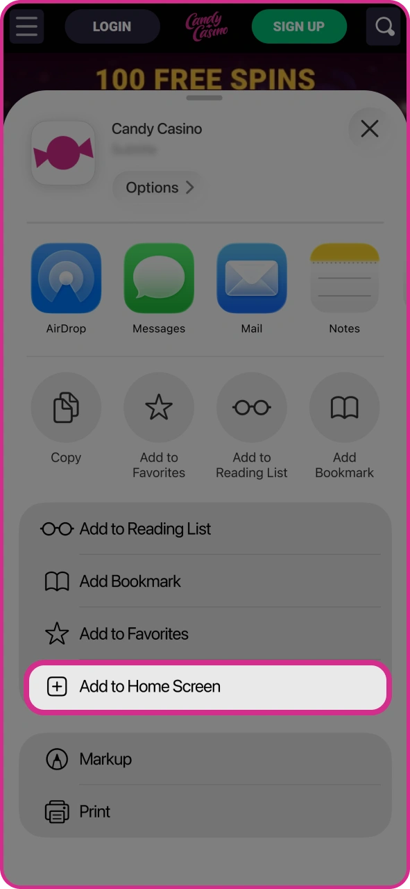 Add Candy Casino to home screen to get iOS PWA app.