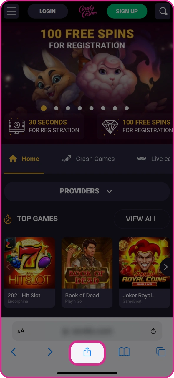 Open Safari menu to get Candy Casino iOS PWA app.