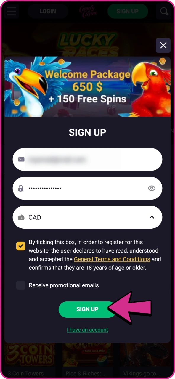 Finish registration and start playing at Candy Casino app.