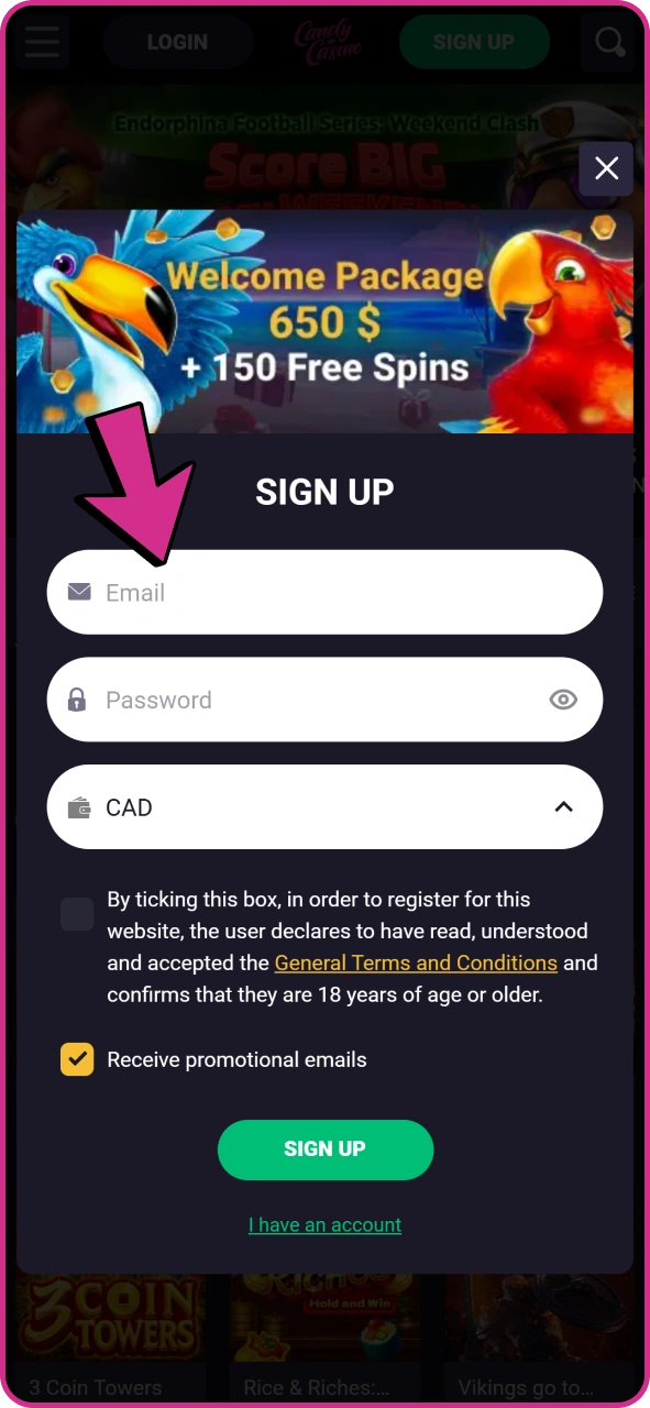 Type in your data in opened registration form at Candy Casino app.