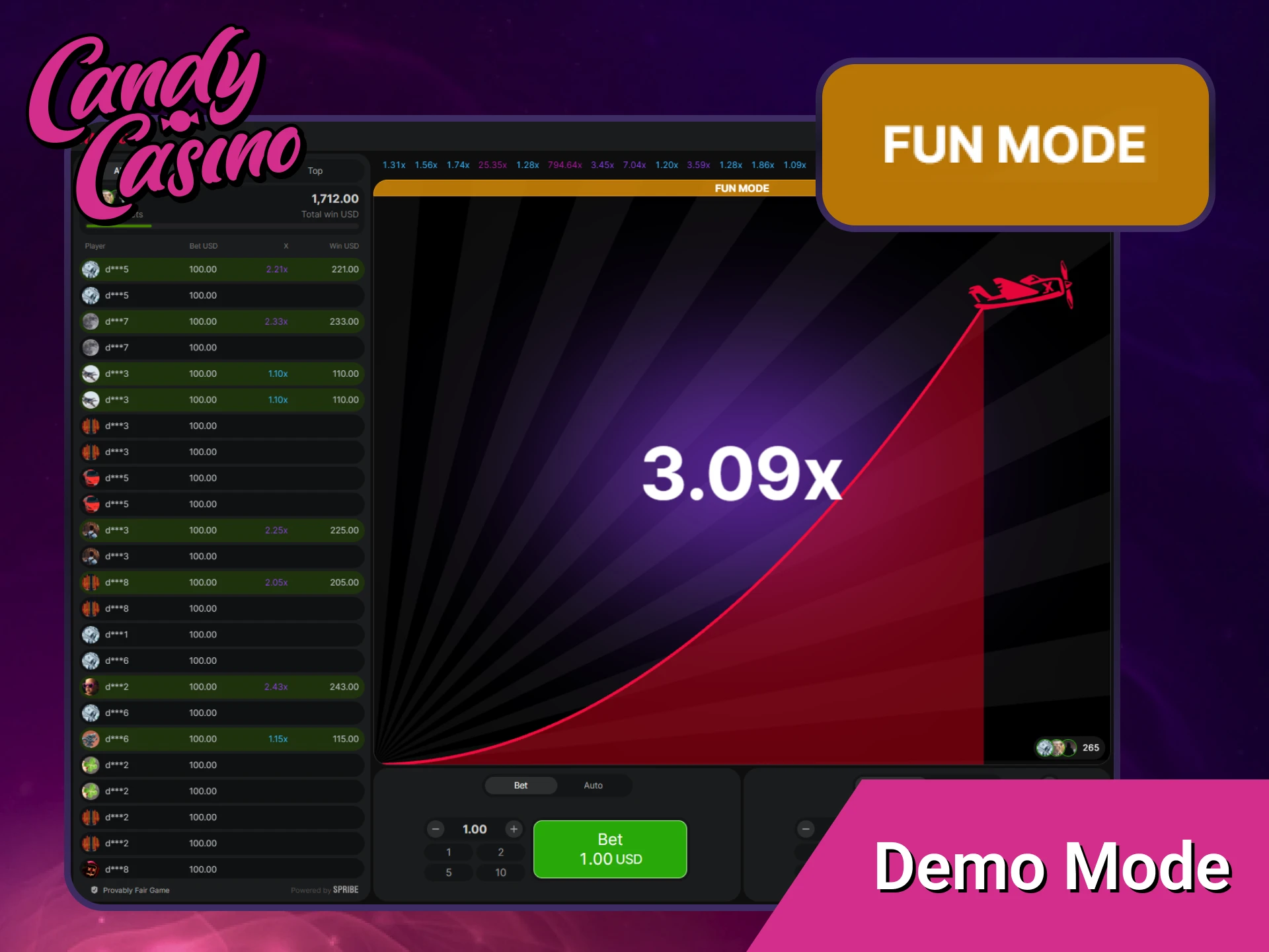 Try the free Aviator demo version at Candy Casino to master your strategy.