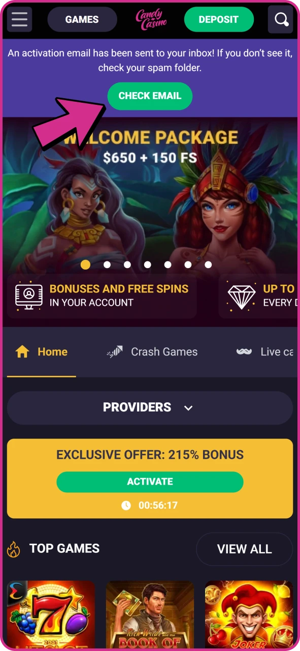 Press this button to get email and verify your Candy Casino Aviator account.