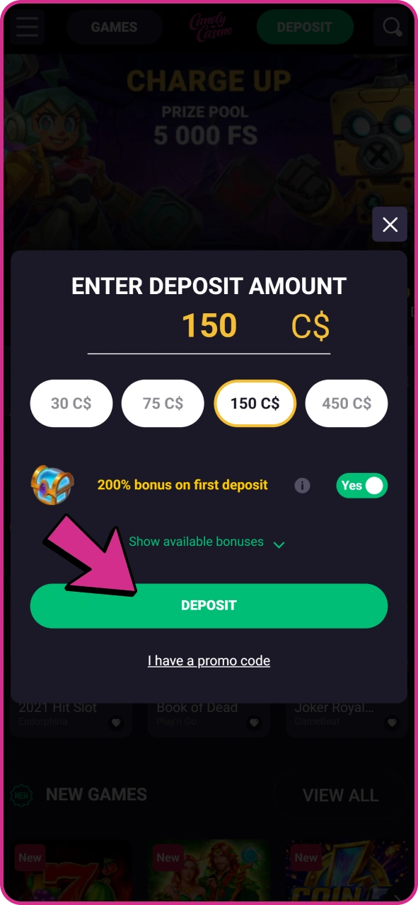 Deposit for Candy Casino Aviator betting.