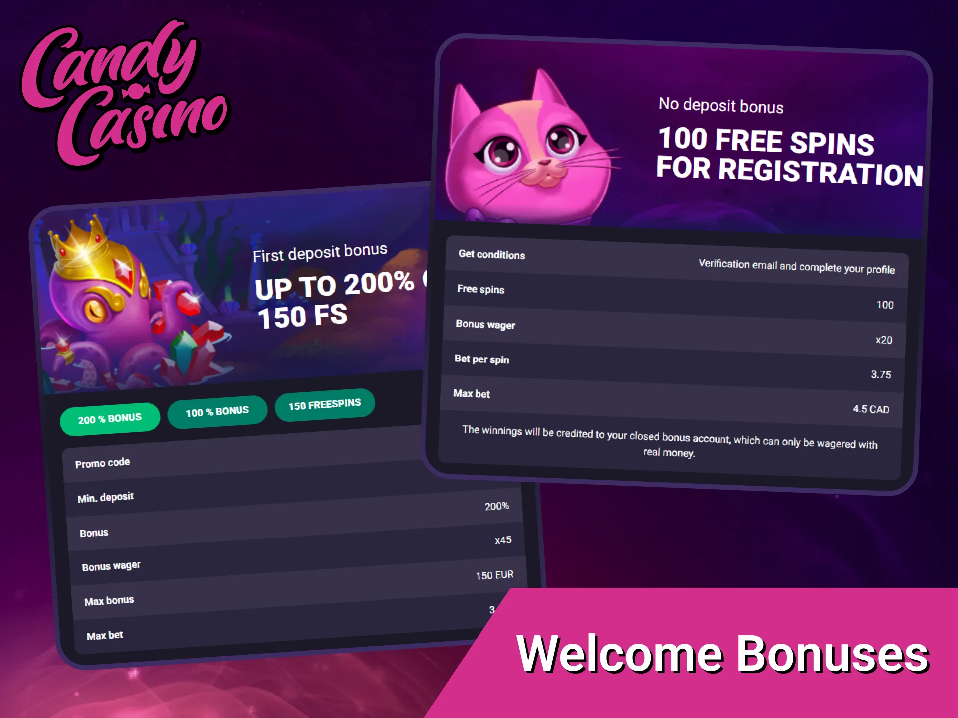 Register your new account and activate the rewarding Candy Casino welcome bonuses.