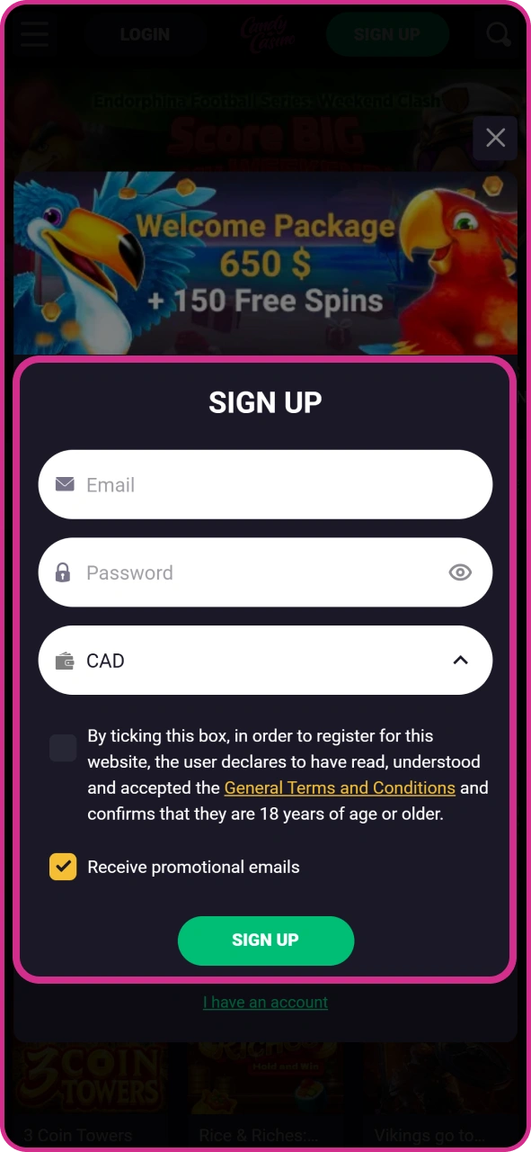 Fill up Candy Casino registration form.