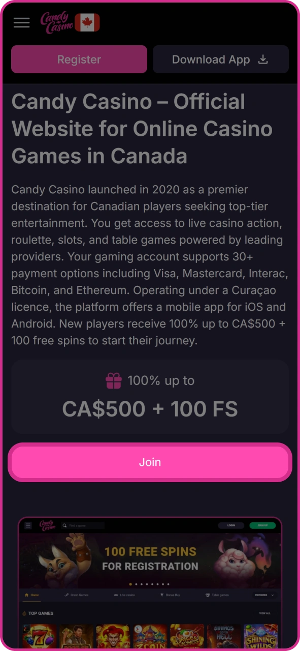 Press this button to join Candy Casino.