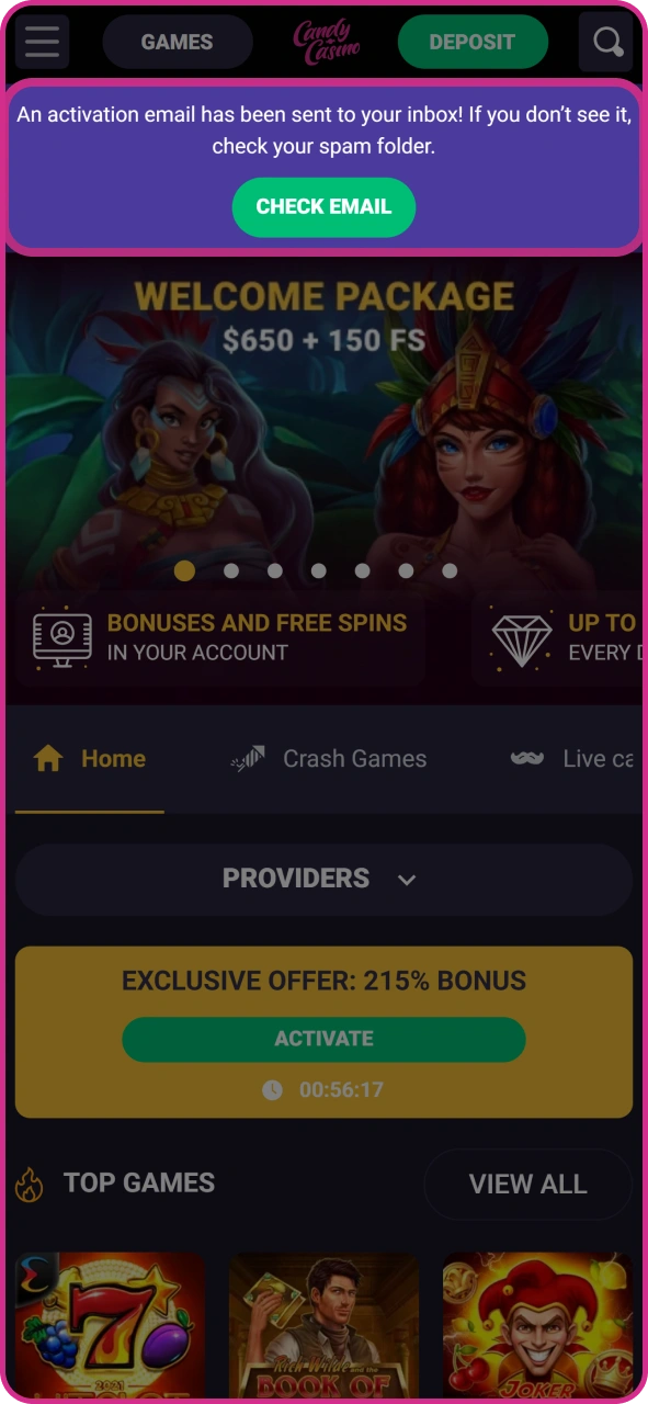 Verify your email after registration at Candy Casino.
