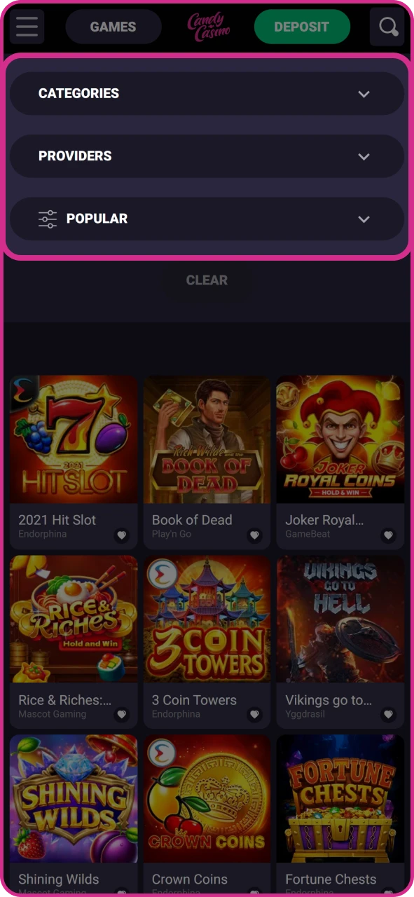 Select game category at Candy Casino lobby.