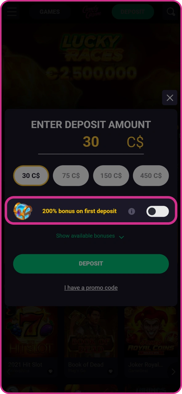 Get welcome bonus for extra funds to play at Candy Casino.