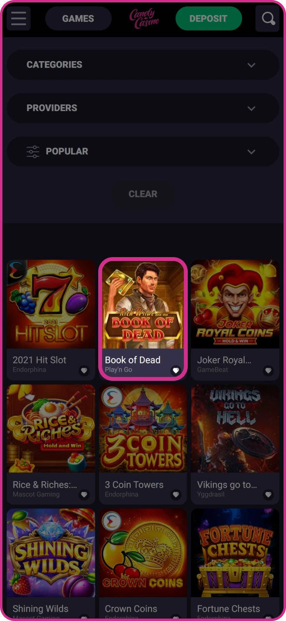 Select game to play at Candy Casino.