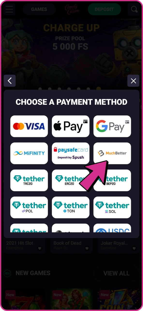 Select payment method for your Candy Casino deposit.