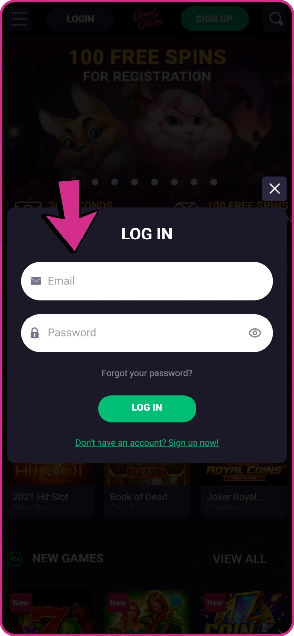 Login to your Candy Casino account to make a deposit.