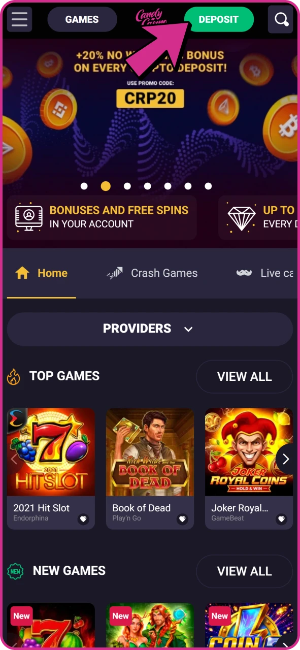 Press deposit button after login at your Candy Casino account.