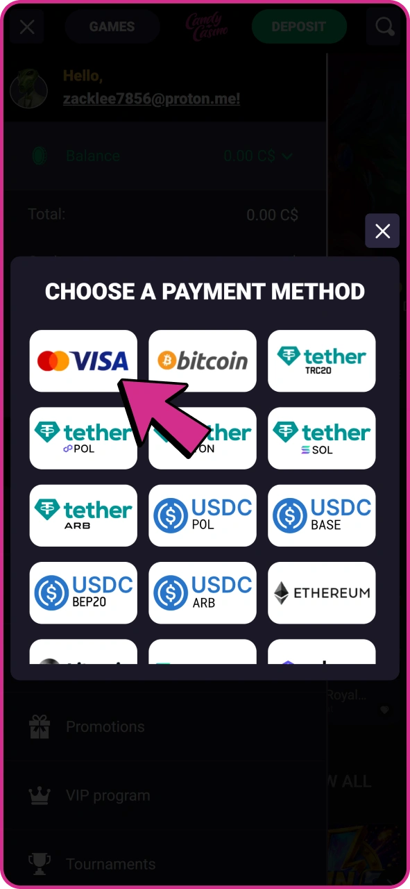 Choose withdrawal method at opened form at your Candy Casino account.