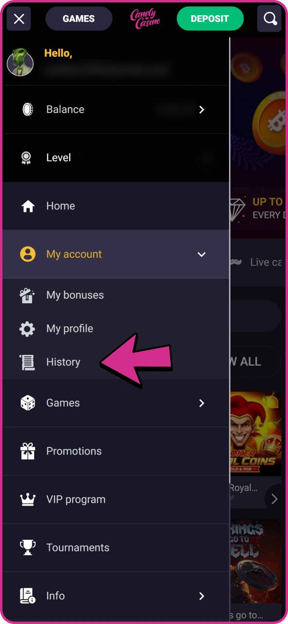 Check withdrawal details at your Candy Casino history page.