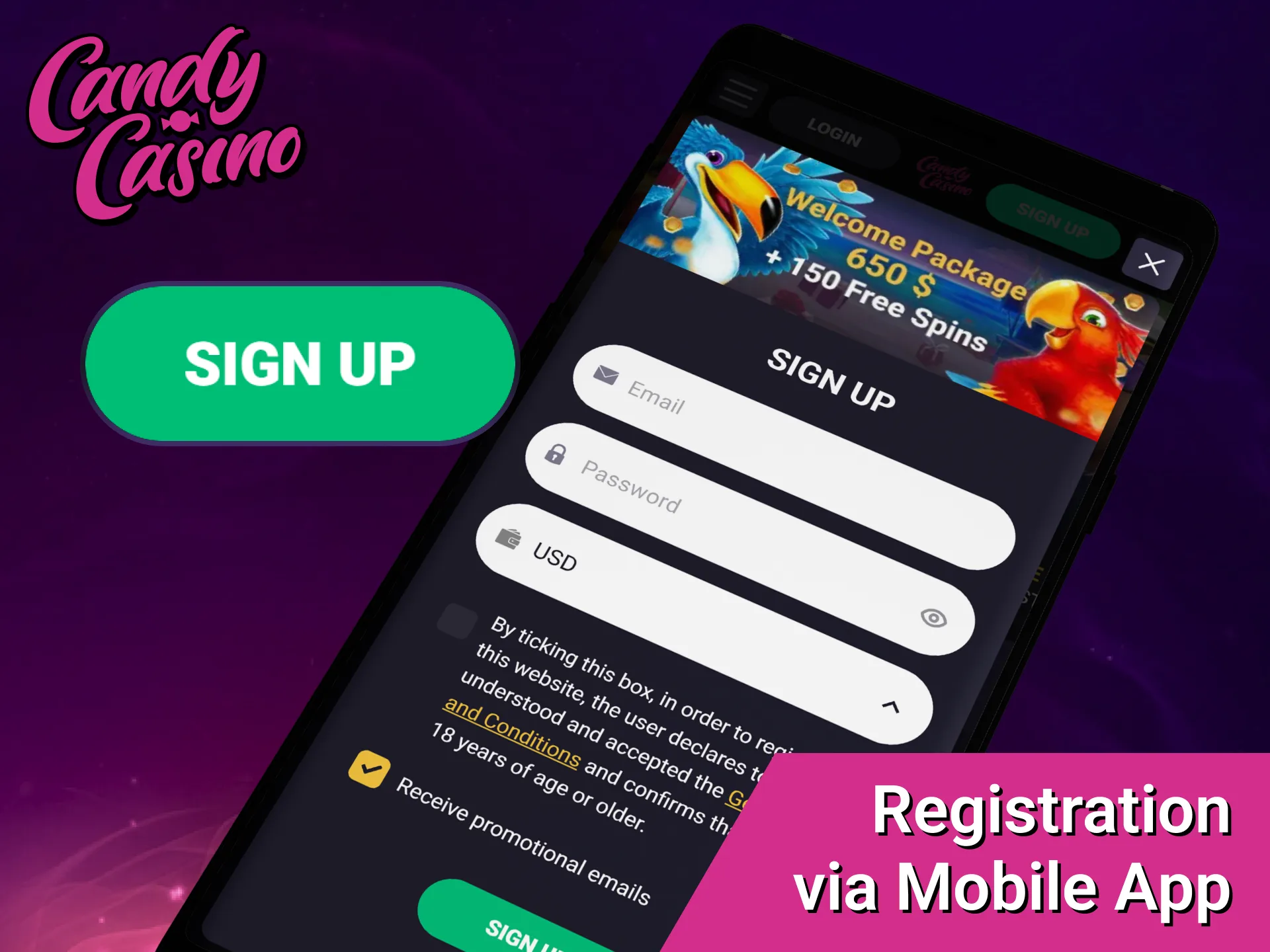 Complete your Candy Casino mobile App registration and play on the go.