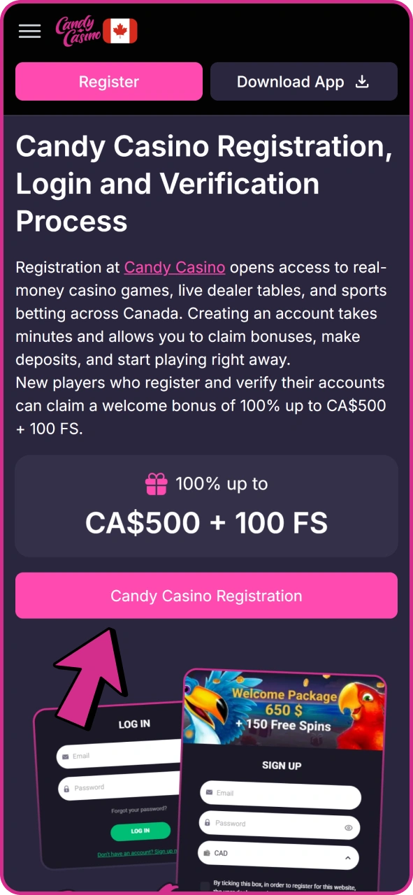 Click this button to register at Candy Casino.