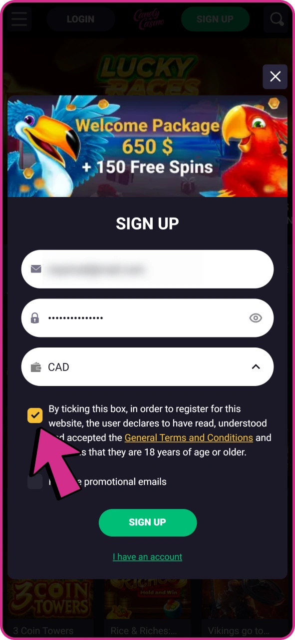 Enable this checkbox to register at Candy Casino.