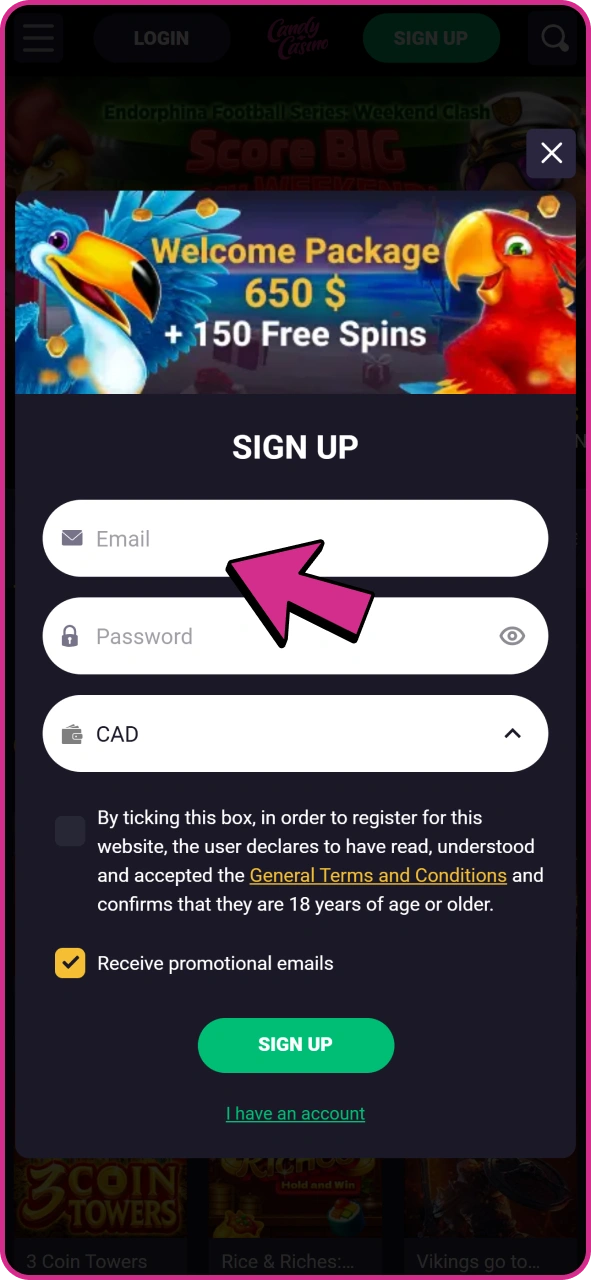 Enter account credentials at Candy Casino registration form.