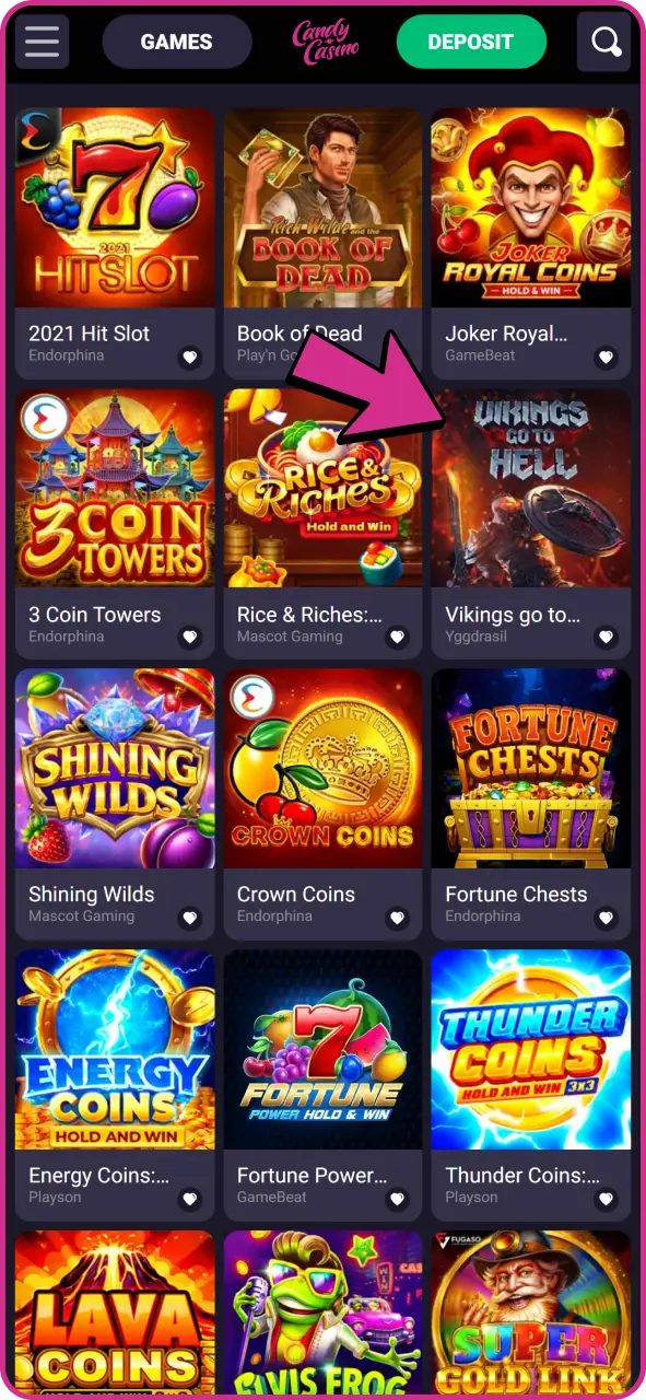 Select slot game you want to play at Candy Casino.
