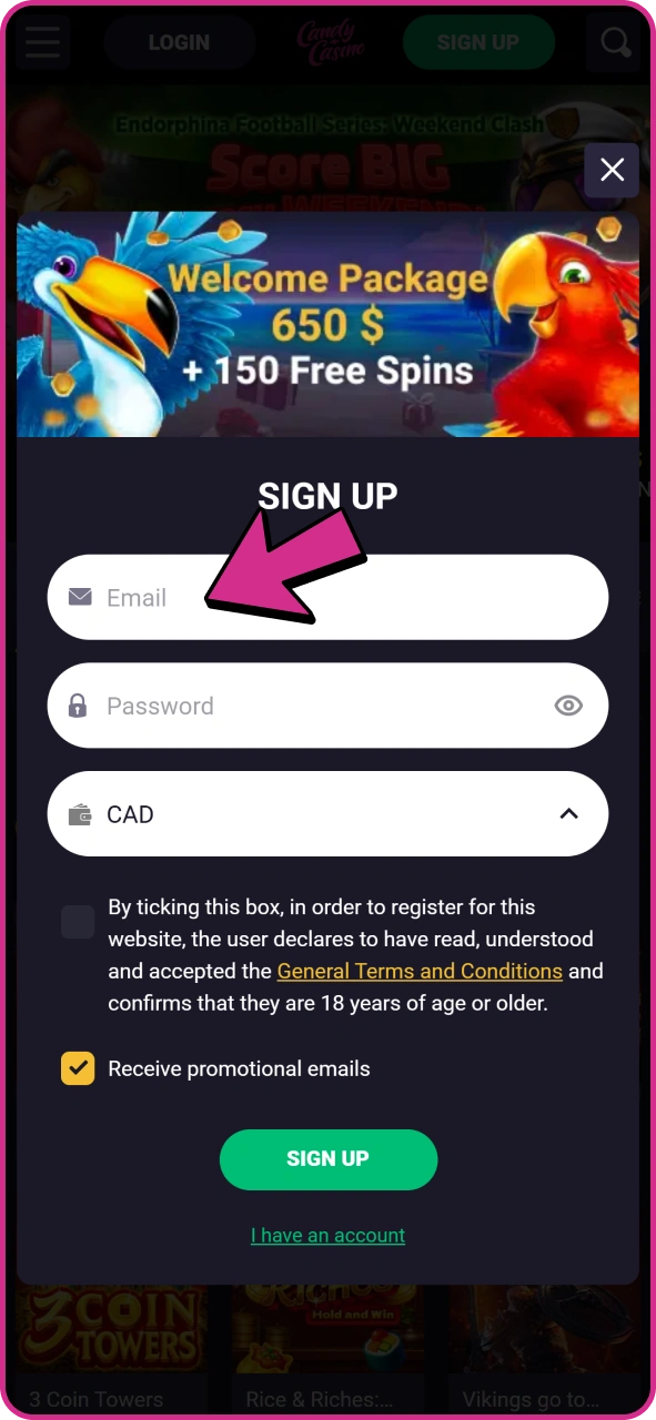 Make Candy Casino account to start playing slots.