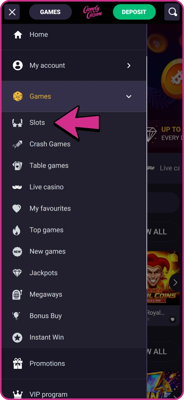 Select slots at Candy Casino games section.